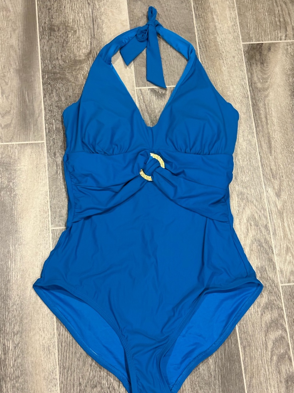 SPANX Teal Blue Halter One-Piece Swimsuit with Gold Ring